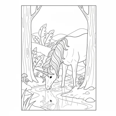 A unicorn drinking from a forest stream, head bowed toward the water, mane coloring page