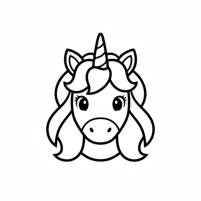 A unicorn facing forward directly, head centered, mane falling to both sides coloring page