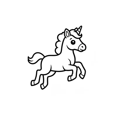 A unicorn foal mid-leap with all four legs off the ground and ears perked coloring page