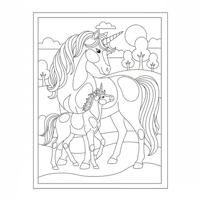 A unicorn foal nursing beside its mother, the foal small with wobbly legs coloring page