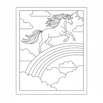 A unicorn galloping across a rainbow bridge, mane and tail streaming, hooves coloring page