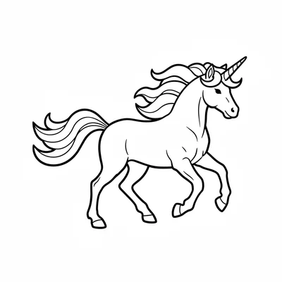 A unicorn galloping forward with two front legs raised, mane streaming back coloring page