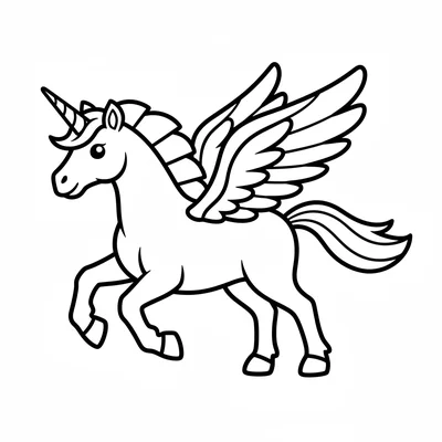 A unicorn galloping with wings just beginning to unfurl from its shoulders coloring page