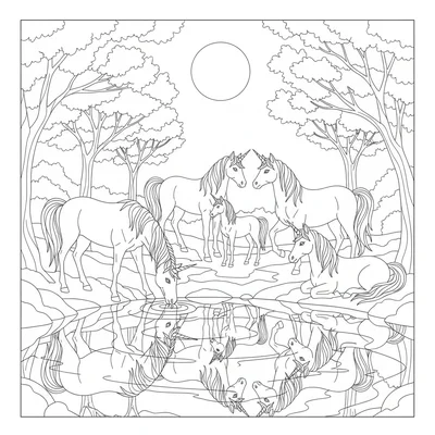 A unicorn herd at a moonlit watering hole, seven unicorns in various poses coloring page