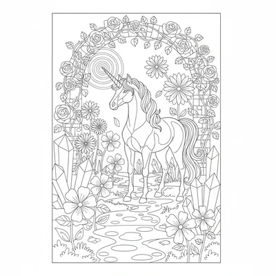 A unicorn in an enchanted garden where every flower glows and crystalline coloring page