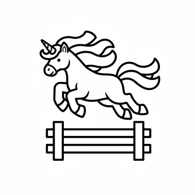A unicorn jumping over a low simple fence, all four legs off the ground, mane coloring page
