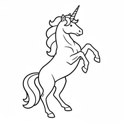 A unicorn rearing up on its two back legs, front legs raised high, mane falling coloring page