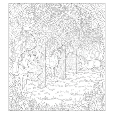 A unicorn's enchanted stable where every stall has flowering vines growing over coloring page