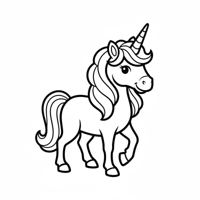 A unicorn seen from three-quarter view with its head turned toward the viewer coloring page