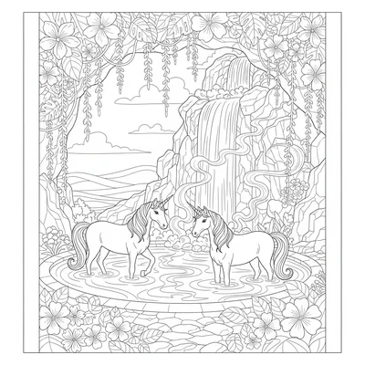 A unicorn spa at a natural hot spring, two unicorns standing in the steaming coloring page