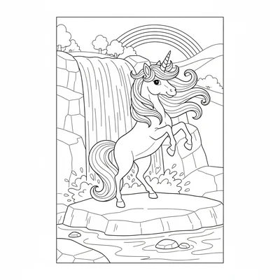A unicorn standing at the base of a large waterfall, water cascading down coloring page