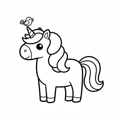 A unicorn standing calmly with a small bird perched on the tip of its horn coloring page