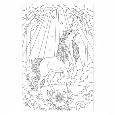 A unicorn standing in a misty forest clearing, head raised proudly, rays coloring page