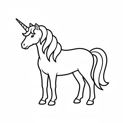 A simple unicorn standing still facing sideways, four legs planted coloring page