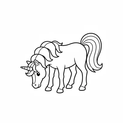 A unicorn standing with its head lowered to graze, mane tumbling forward in 4 coloring page