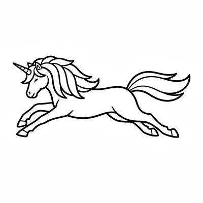A unicorn stretching with its front legs extended forward and back legs coloring page