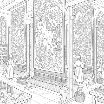 A unicorn tapestry workshop where weavers create enormous tapestries depicting coloring page