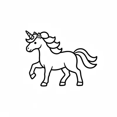 A unicorn trotting with one front leg raised, mane bouncing in 3 large waves coloring page