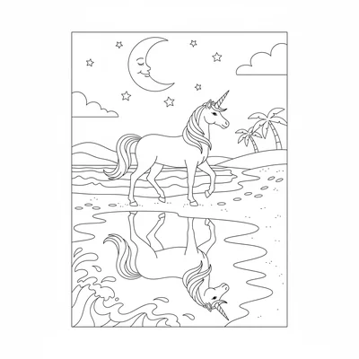 A unicorn walking along a moonlit beach, its reflection shimmering in wet sand coloring page