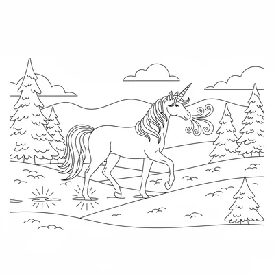 A unicorn walking through snow, each hoofprint glowing softly in the snowpack coloring page