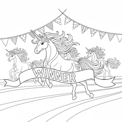 A unicorn winning a race, crossing a finish line ribbon with mane and tail coloring page