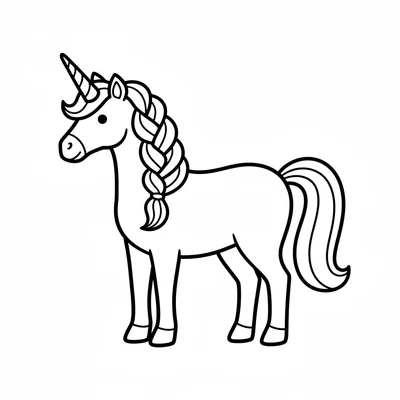A unicorn with a braided mane shown in 4 large looping sections standing coloring page