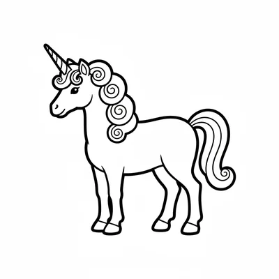A unicorn with a curly mane shown as 5 large spiral loops standing in a side coloring page