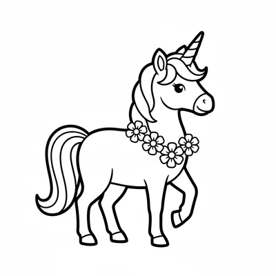 A unicorn with a flower garland made of 4 large simple flowers draped around coloring page