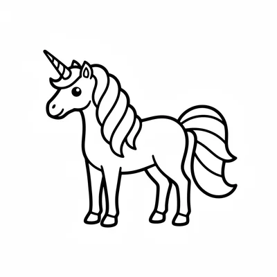 A unicorn with a rainbow tail shown in 4 large color-band sections flowing coloring page