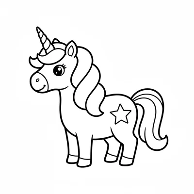 A unicorn with a star-shaped mark on its flank, standing sideways, mane in 5 coloring page