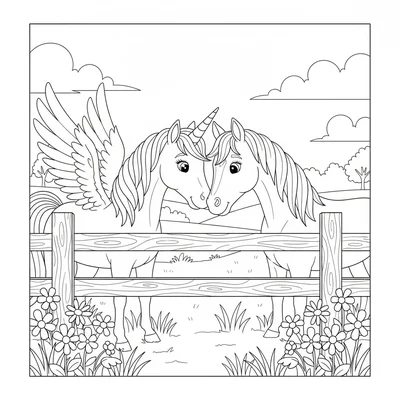 A unicorn with wings meeting a regular horse at a fence, the two touching noses coloring page