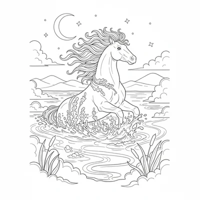 A water kelpie emerging from a misty lake, its horse-like body half submerged coloring page