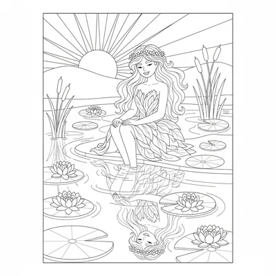 A water nixie sitting at the edge of a glassy pond, feet dangling in the water coloring page