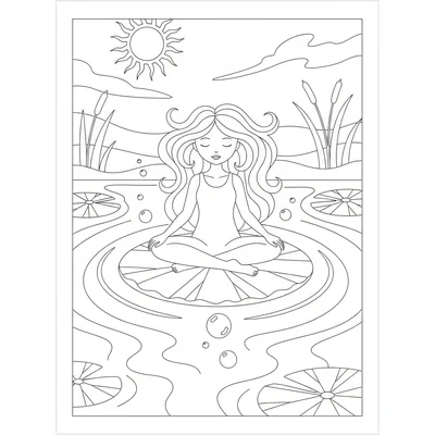 A water nymph sitting cross-legged on a floating lily pad in the center coloring page