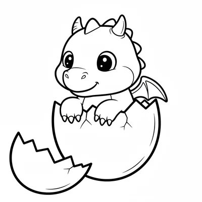 A wide-eyed baby dragon hatching from a cracked egg, just its head and two coloring page