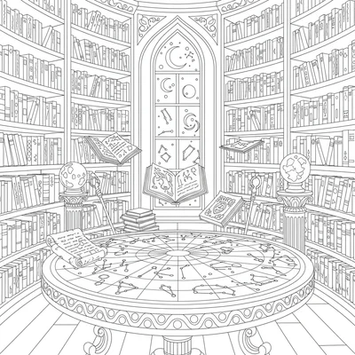 A wizard's tower library interior with floor-to-ceiling bookshelves, floating coloring page
