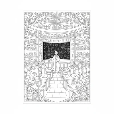 A wizarding academy in a castle tower with students in robes at curved desks coloring page