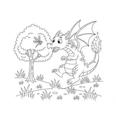 A young dragon accidentally setting its tail on fire while spinning around coloring page