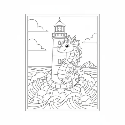 A young dragon curled around the base of a lighthouse, body wrapping once coloring page
