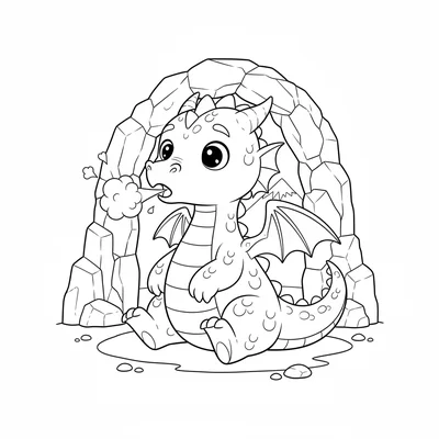 A young dragon discovering its first flame, looking surprised by the small puff coloring page