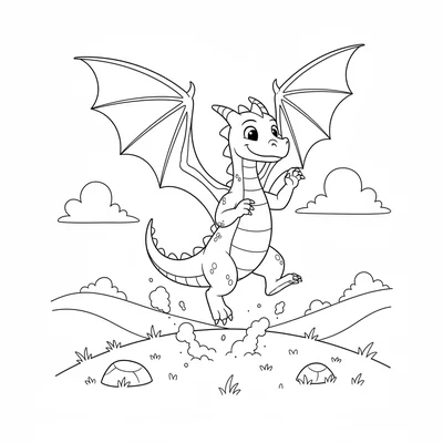 A young dragon learning to fly, just taking off from a grassy hilltop, wings coloring page
