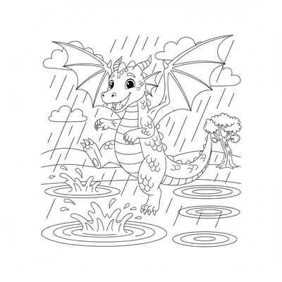 A young dragon playing in rain puddles, one big foot raised and about to splash coloring page