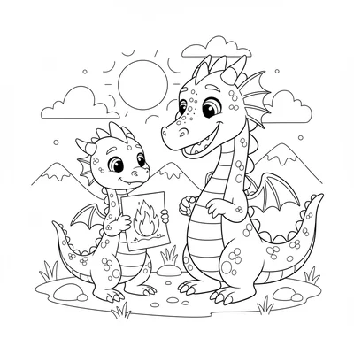 A young dragon proudly showing its parent a painting it made, a wobbly drawing coloring page