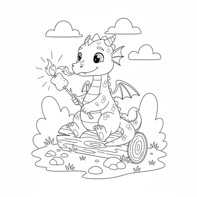 A young dragon roasting a large marshmallow on a stick with a careful stream coloring page