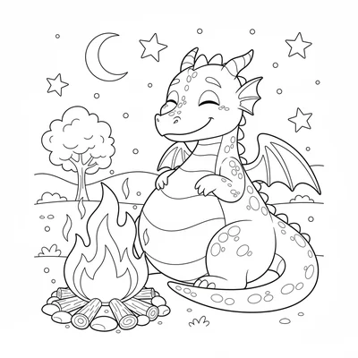 A young dragon warming its belly near a campfire, lying on its side with its coloring page