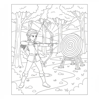 A young elven archer practicing at a target range in a forest clearing, bow coloring page