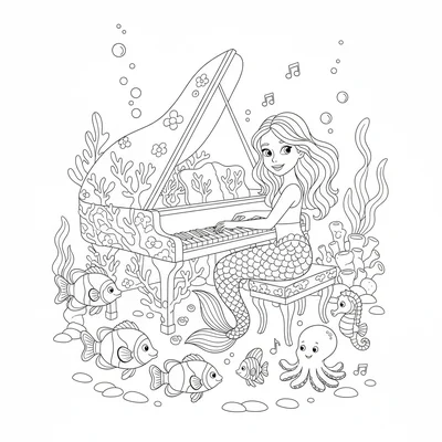 A young mermaid at a coral piano playing to an audience of fish, tail perched coloring page