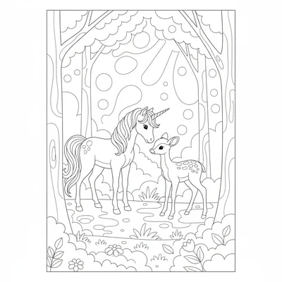 A young unicorn and a fawn standing nose to nose in a sunlit forest clearing coloring page