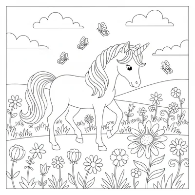 A young unicorn exploring a flower meadow, one front hoof raised mid-step, nose coloring page