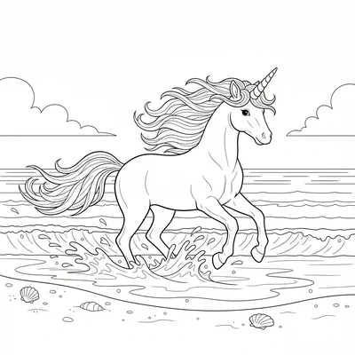 A young unicorn running through shallow waves at the beach, hooves kicking up coloring page